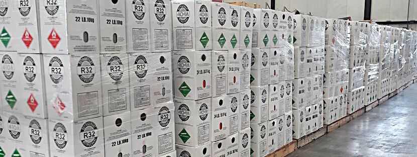 Pallets of boxes marked with R32