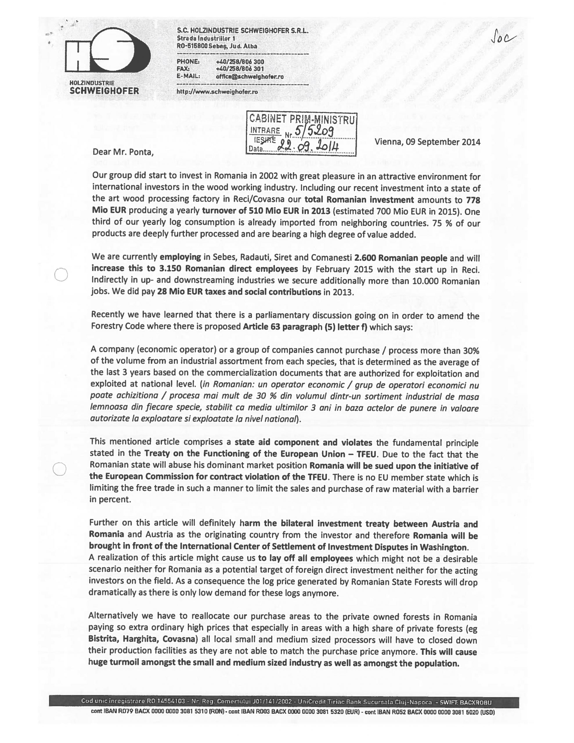 LETTER: Leaked Letter of Holzindustrie Schweighofer — EIA