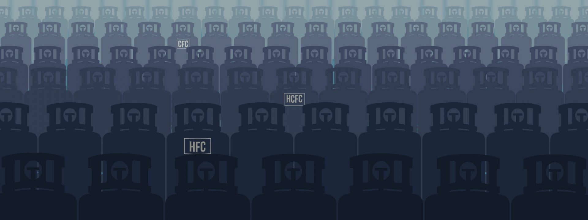 Containers labeled as HFC and HCFC line up far into the distance