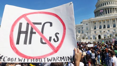 A sign at a protest outside the US Capitol calling for an end to HFCs