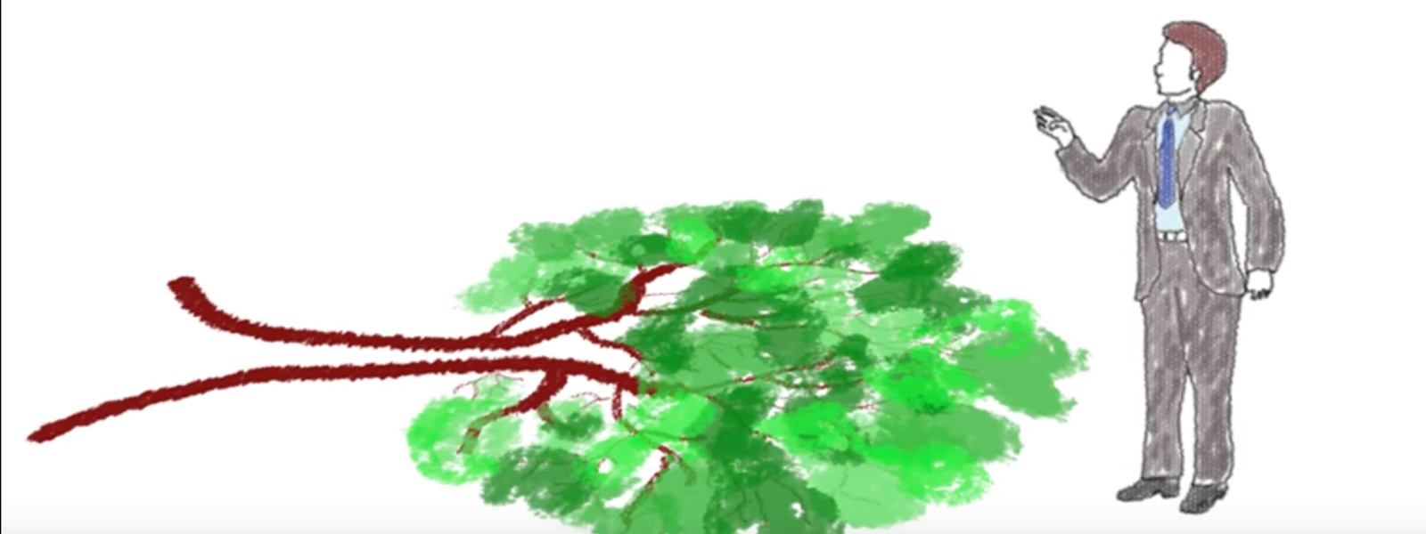 An illustration of a man in a suit next to a fallen tree