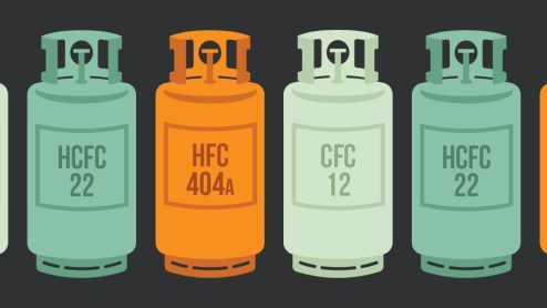 An illustration of chemical containers marked as CFC12, HCFC22, and HFC404A