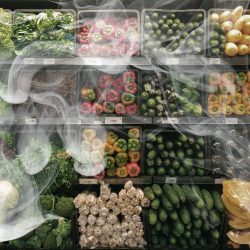 Smoke wafts in front of a display of supermarket vegetables