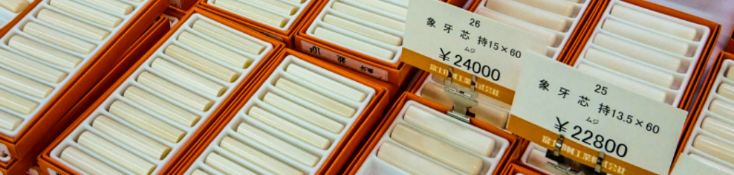 Rows upon rows of ivory products for sale lined up in boxes