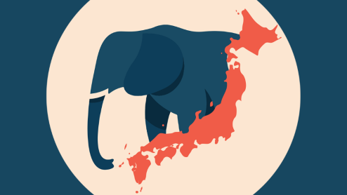 A graphic of an elephant against a red silhouette of Japan, creating the impression of a bloody smear