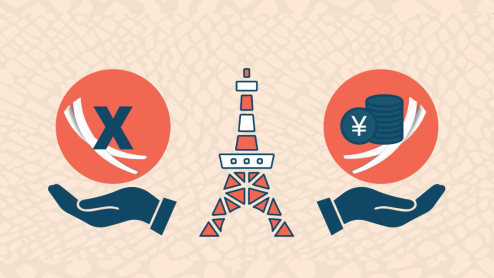 A graphic of Tokyo tower between two hands, one holding a symbol that implies getting rid of the ivory trade while another promises the money that can be made