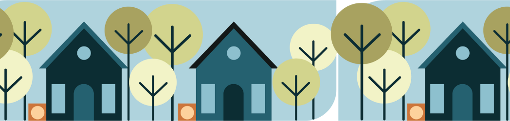 An illustration of houses on a leafy street with air conditioning units outside