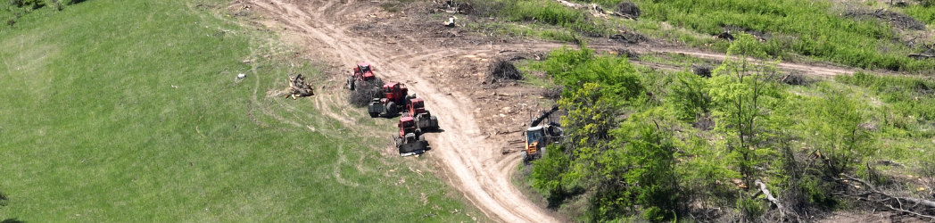 Logging trucks sit next to a road on a cleared landscape