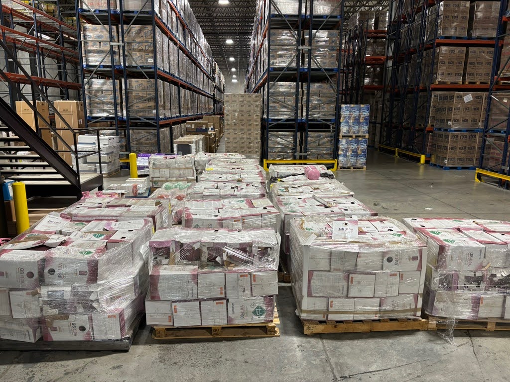 Pallets of boxes in a warehouse